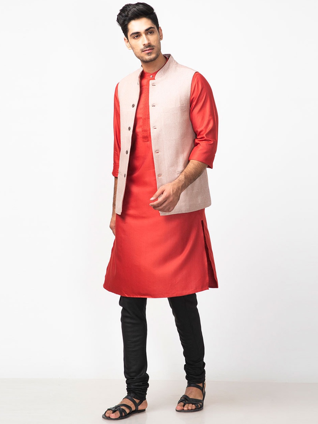 

Fabindia Men Beige Woven Design Cotton Nehru Jackets