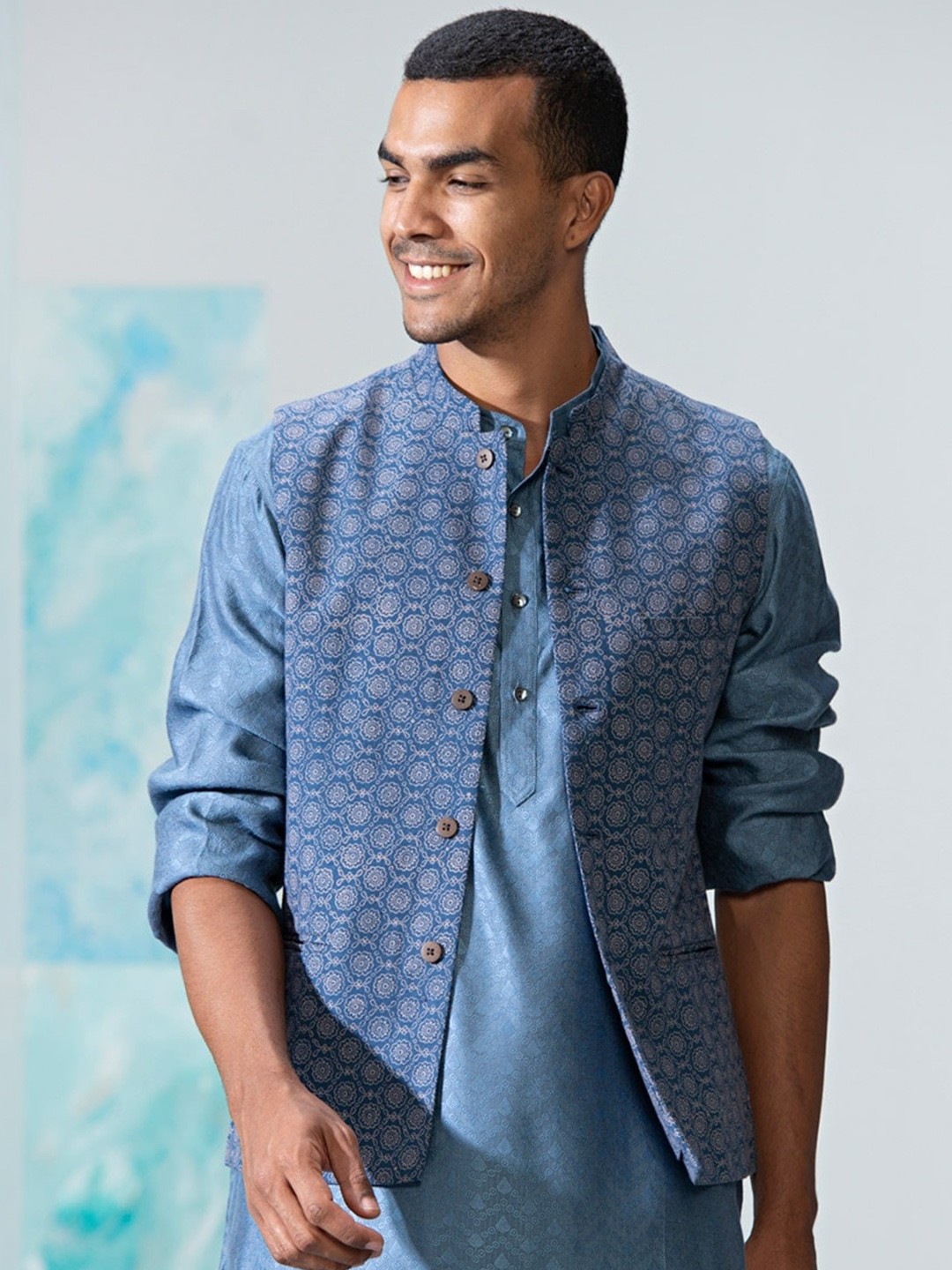 

Fabindia Men Navy Blue Printed Cotton Nehru Jackets