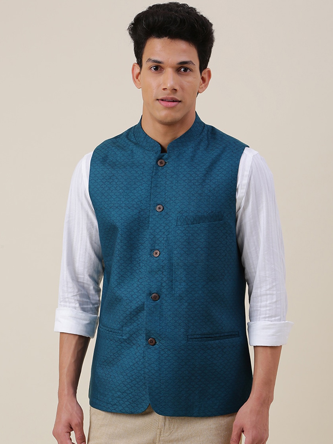 

Fabindia Men Blue Printed Woven Nehru Jacket