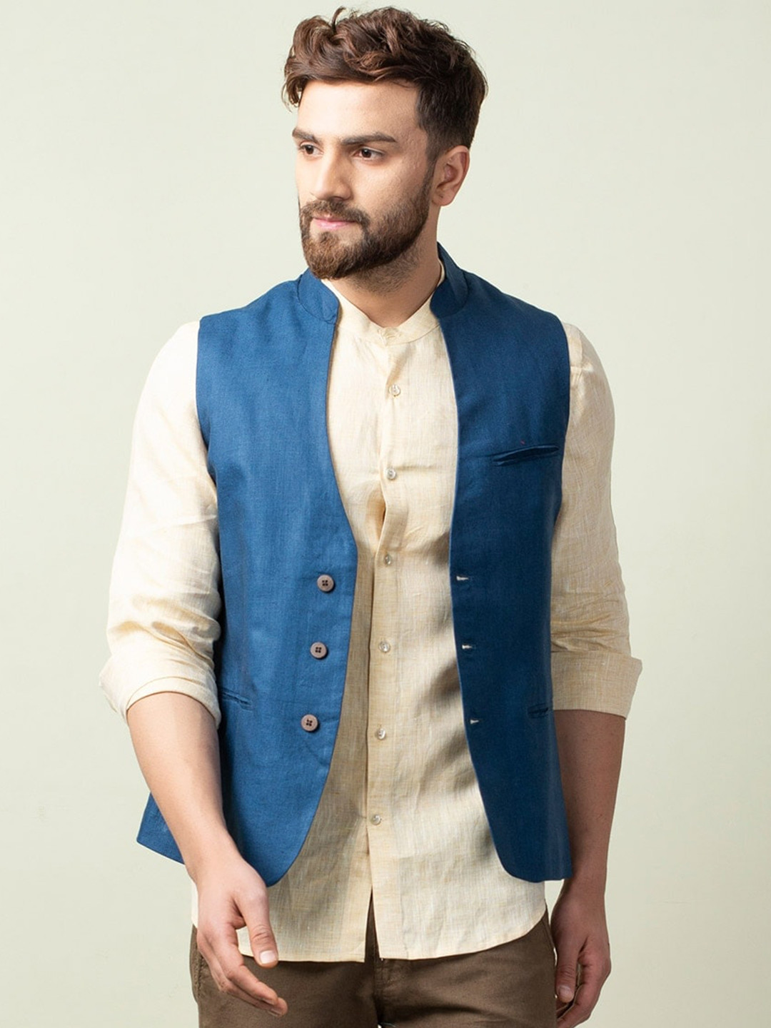 

Fabindia Navy Blue Mandarin Collar Linen Nehru Jacket
