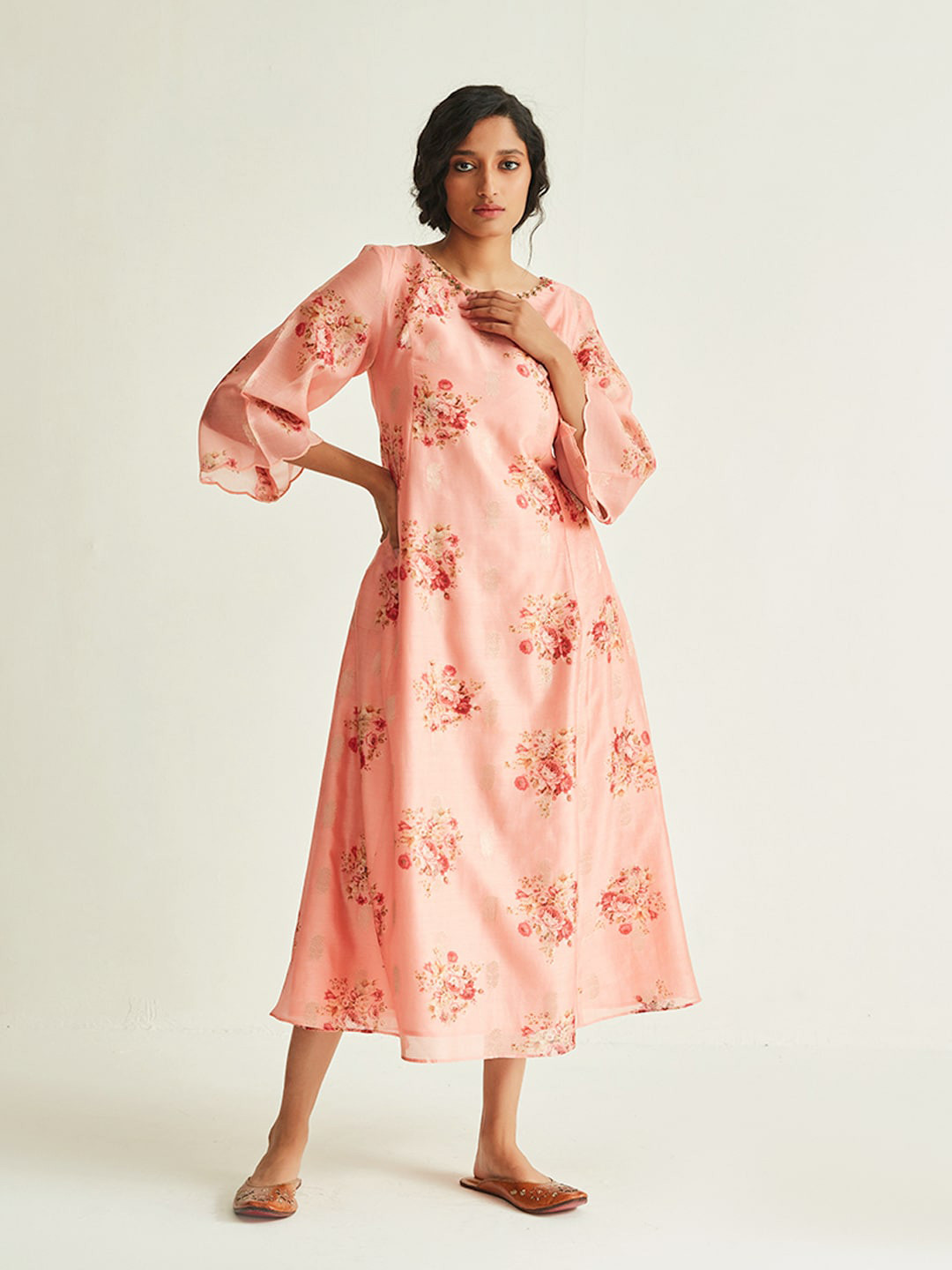 

Ancestry Pink & Brown Floral A-Line Midi Dress