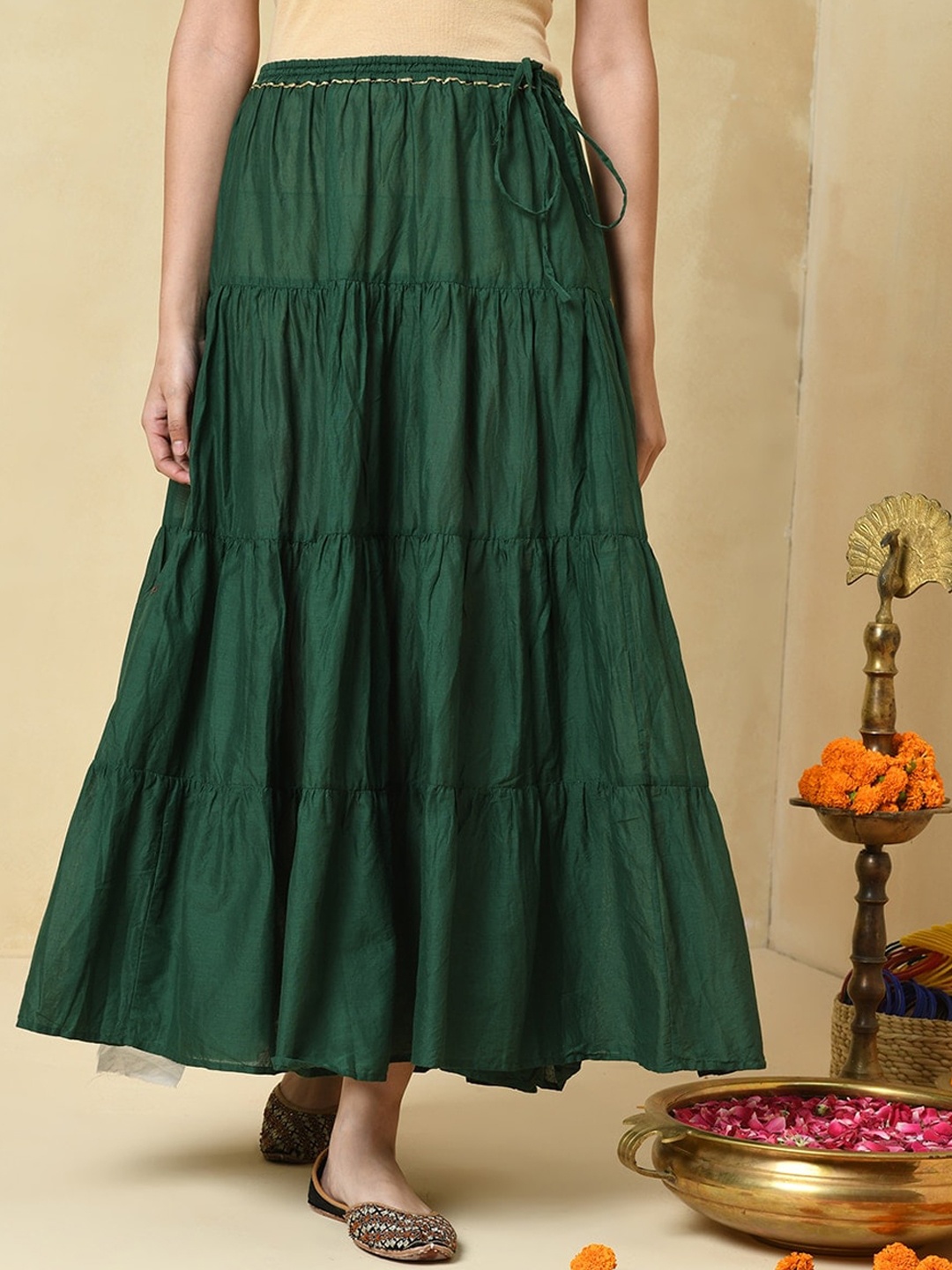 

Fabindia Green Cotton Maxi Tiered Skirt