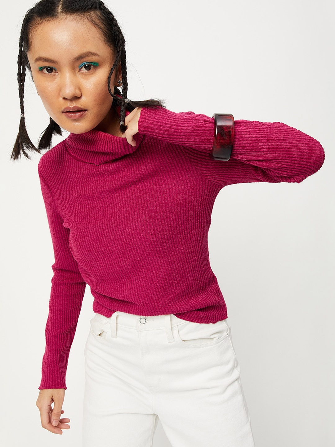 

max Women Fuchsia Ribbed Pullover Sweater