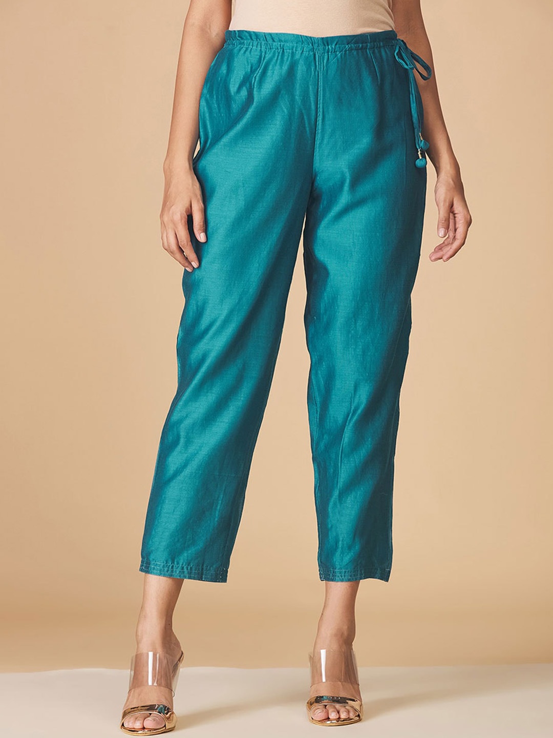 

Fabindia Women Turquoise Blue Comfort Cotton Trousers