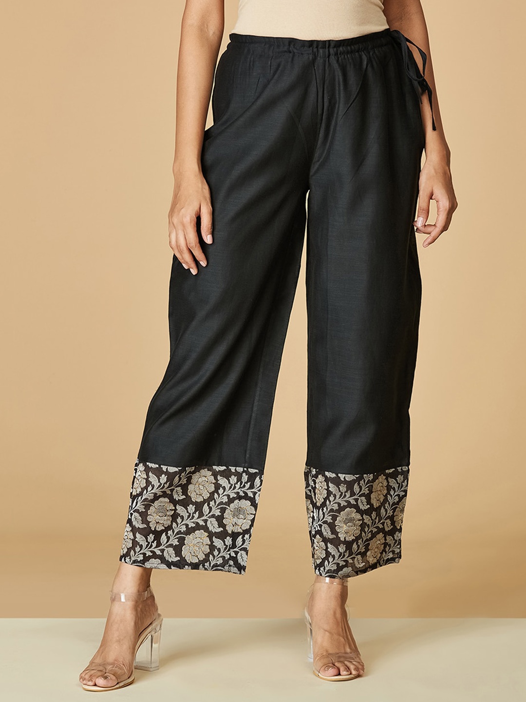 

Fabindia Women Black Comfort Cotton Parallel Trousers