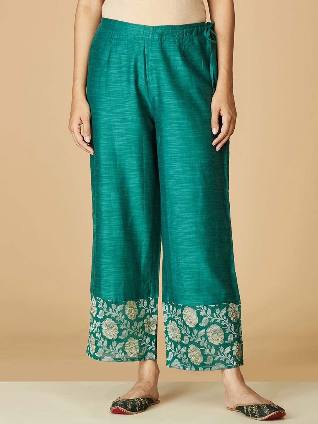 

Fabindia Women Green Floral Printed Comfort Straight Fit Cotton Trousers
