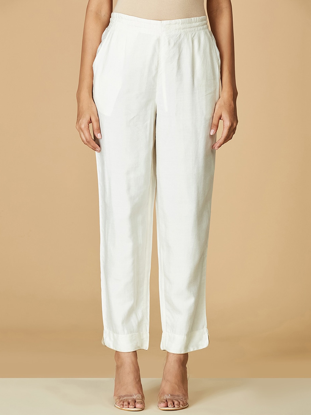 

Fabindia Women Off White Comfort Straight Fit Pleated Trousers