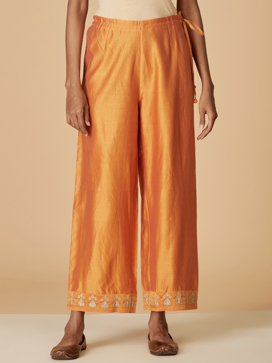 

Fabindia Women Mustard Yellow Comfort Straight Fit Pleated Cotton Trousers