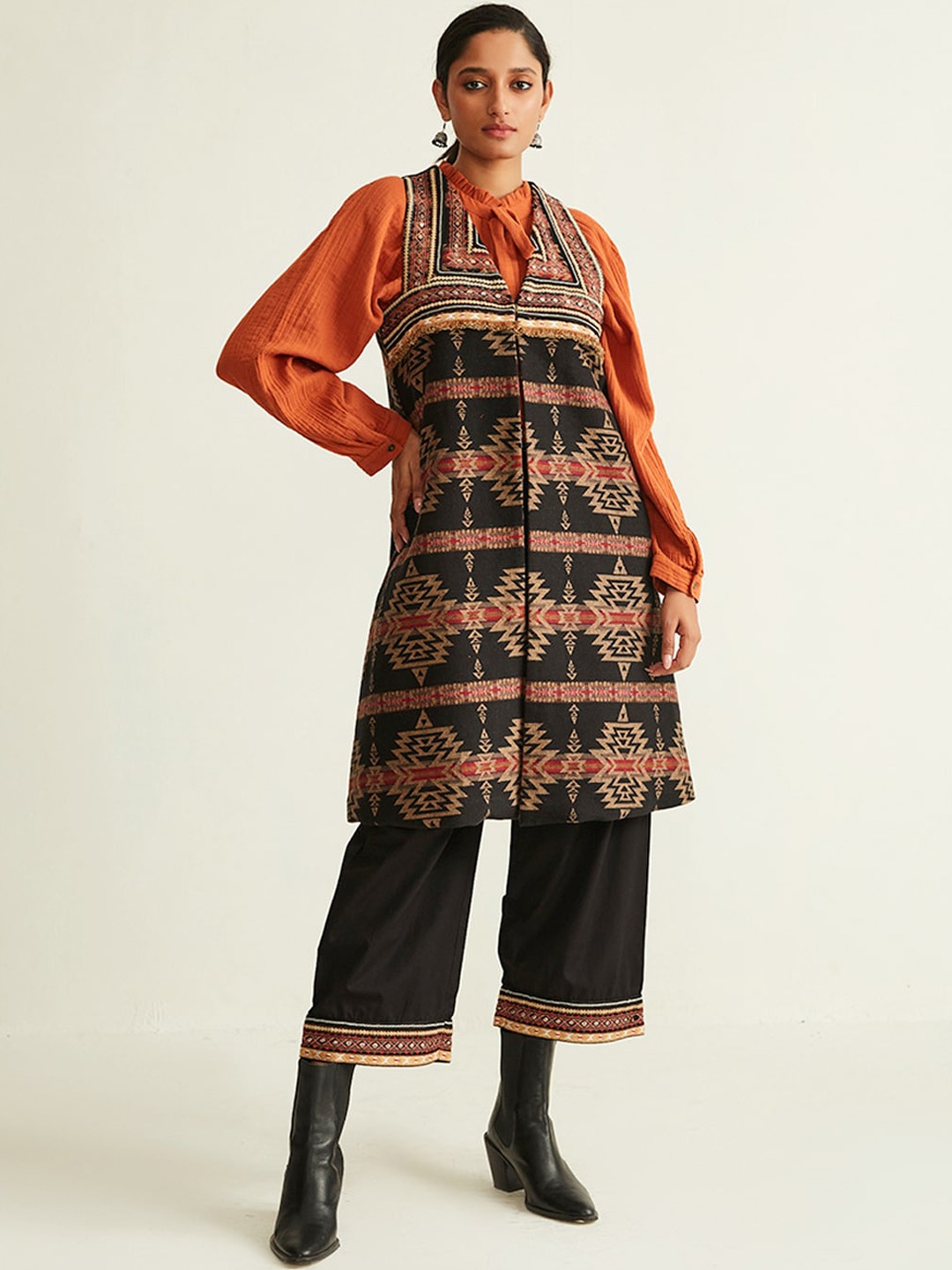 

Ancestry Women Brown & Beige Printed Wool Lightweight Longline Jacket