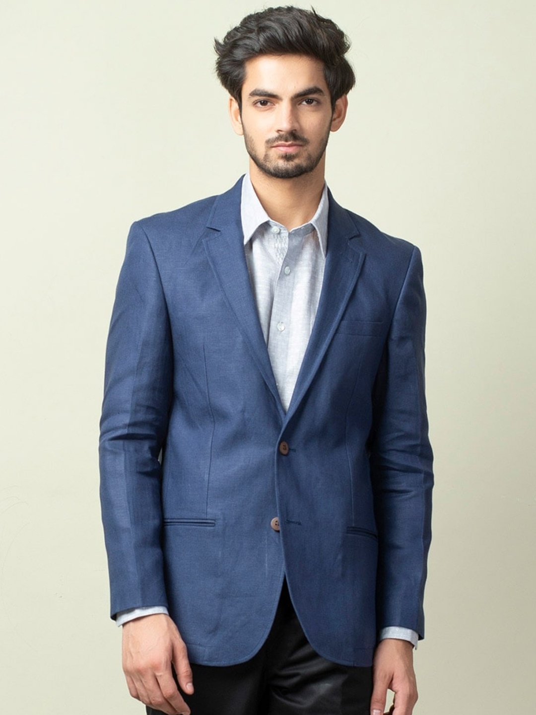 

Fabindia Men Navy Blue Single-Breasted Linen Blazer