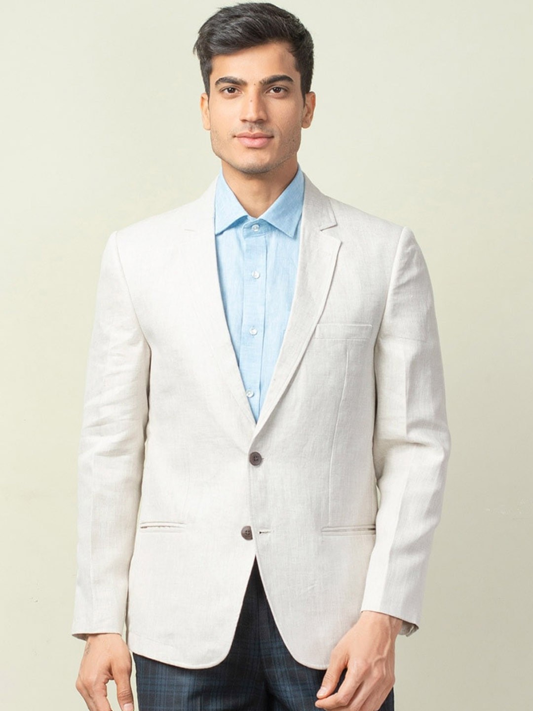 

Fabindia Men Linen Notched Lapel Single-Breasted Blazer, White