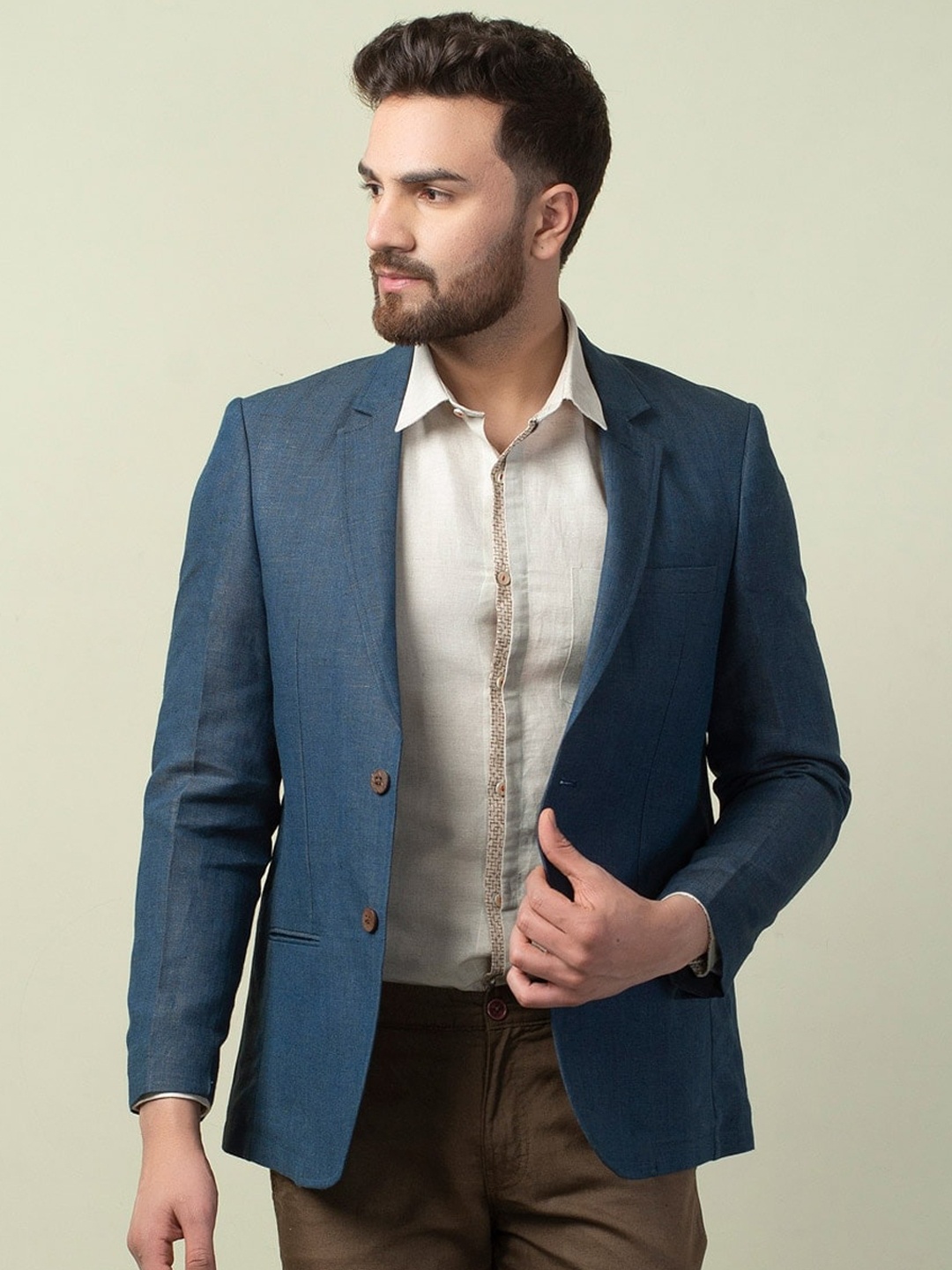 

Fabindia Men Navy Blue Single-Breasted Linen Blazers