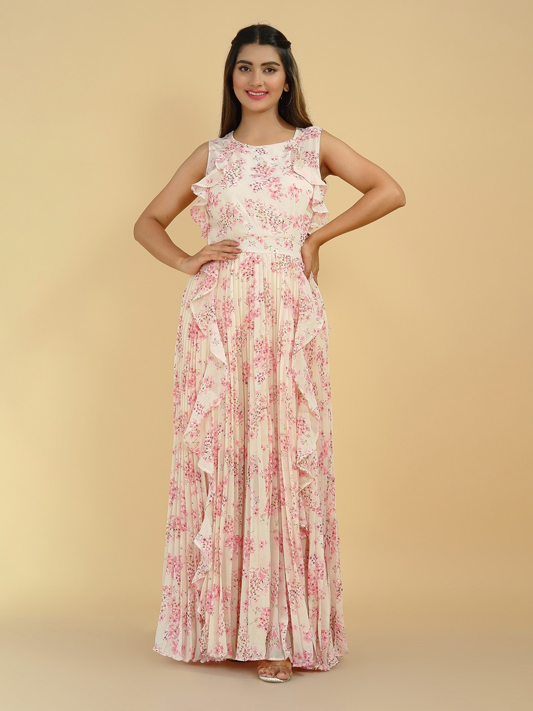 

Tetalee White & Cream-Coloured Floral Chiffon Maxi Dress