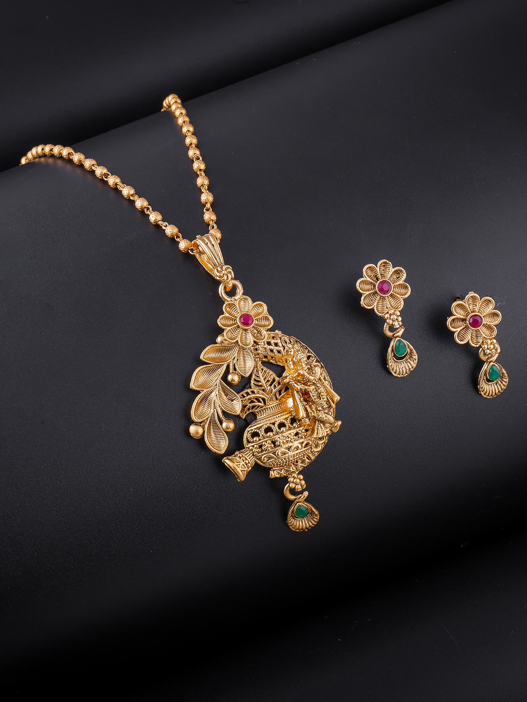 

Brandsoon Gold-Plated Pink & Green Stone Studded Brass Temple Jewellery Set