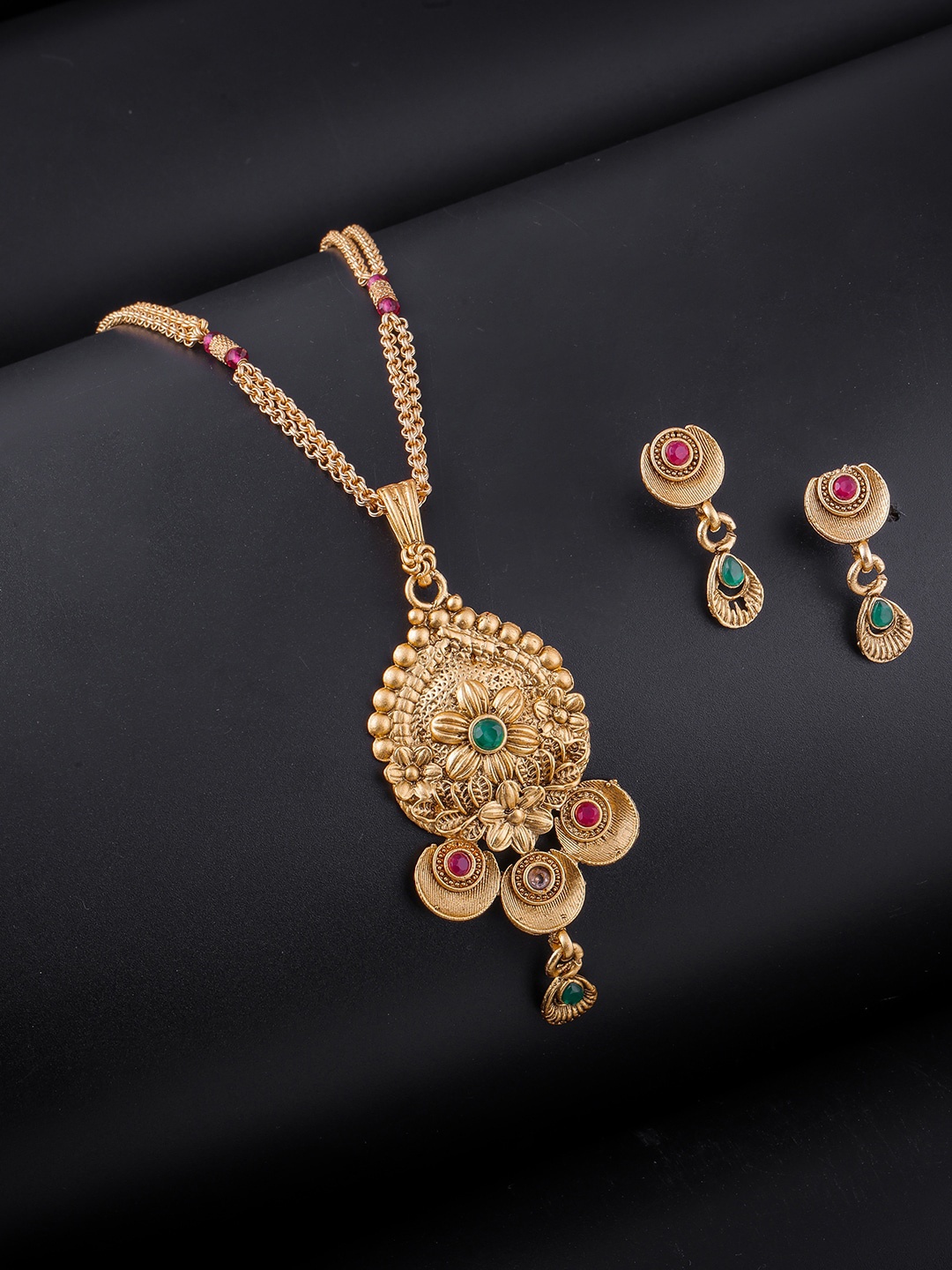 

Brandsoon Red & Green Stone Studded One Gram Gold Plated Jewellery Set