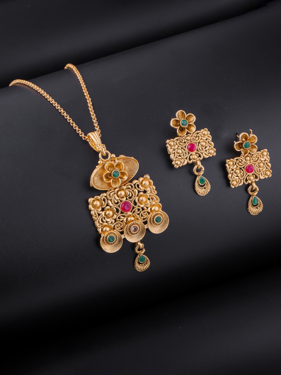 

Brandsoon Pink & Green Stone Studded One Gram Gold Plated Jewellery Set