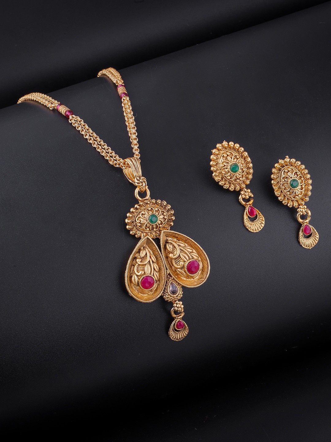 

Brandsoon Pink & Green Stone Studded One Gram Gold Plated Jewellery Set