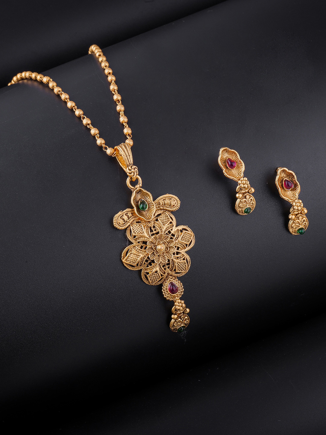 

Brandsoon Pink & Green AD Stone-Studded One Gram Gold Plated Jewellery Set