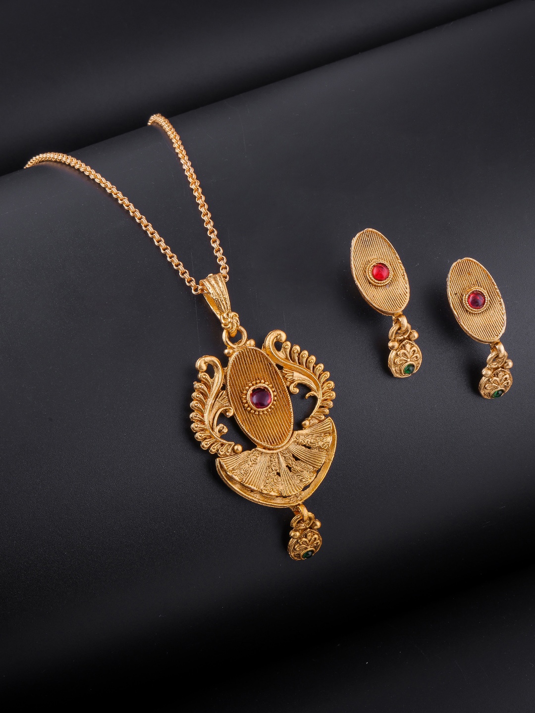 

Brandsoon Red & Green Stone Studded One Gram Gold Plated Jewellery Set
