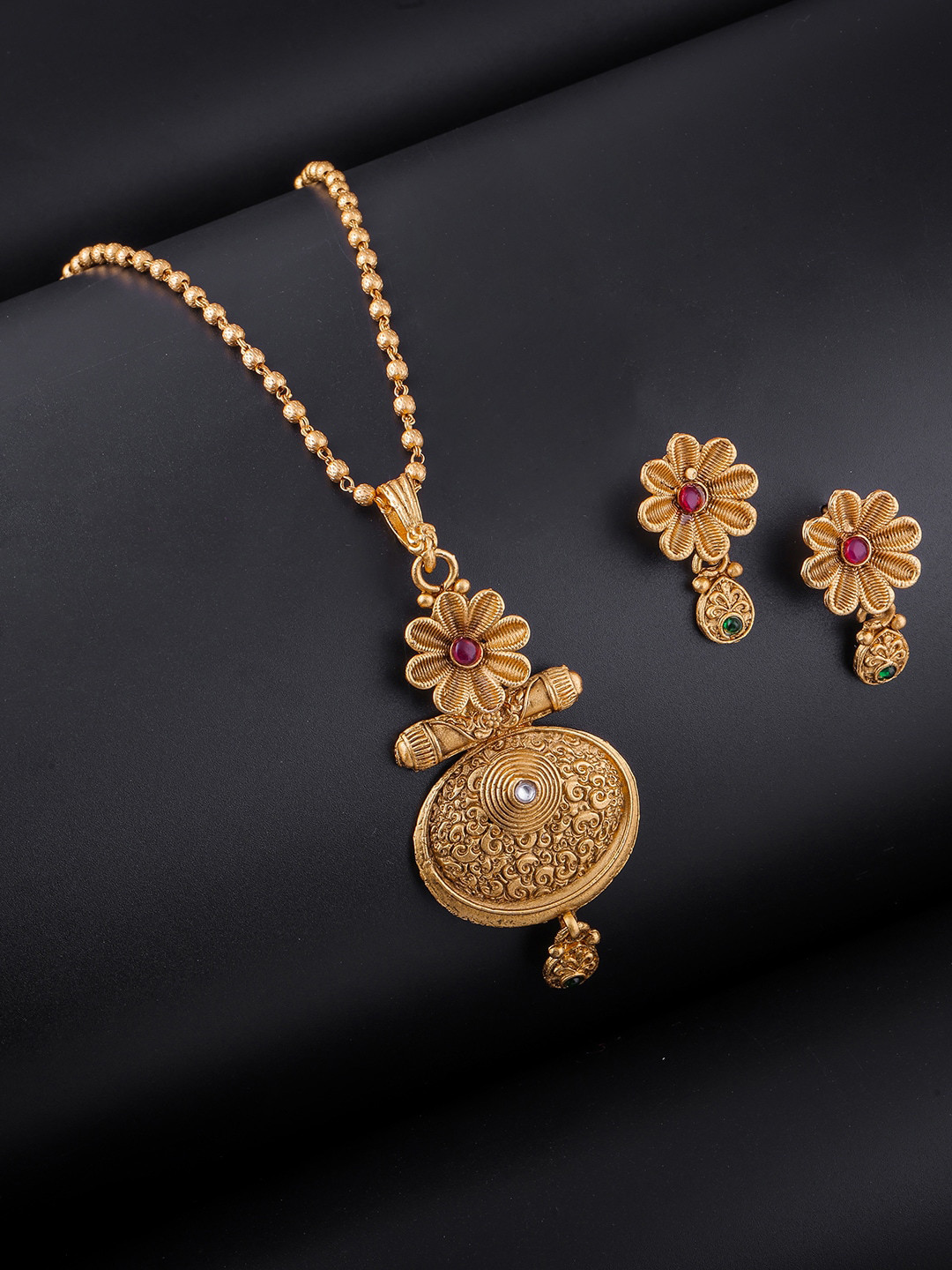 

Brandsoon Pink & Green Stone Studded One Gram Gold Plated Jewellery Set