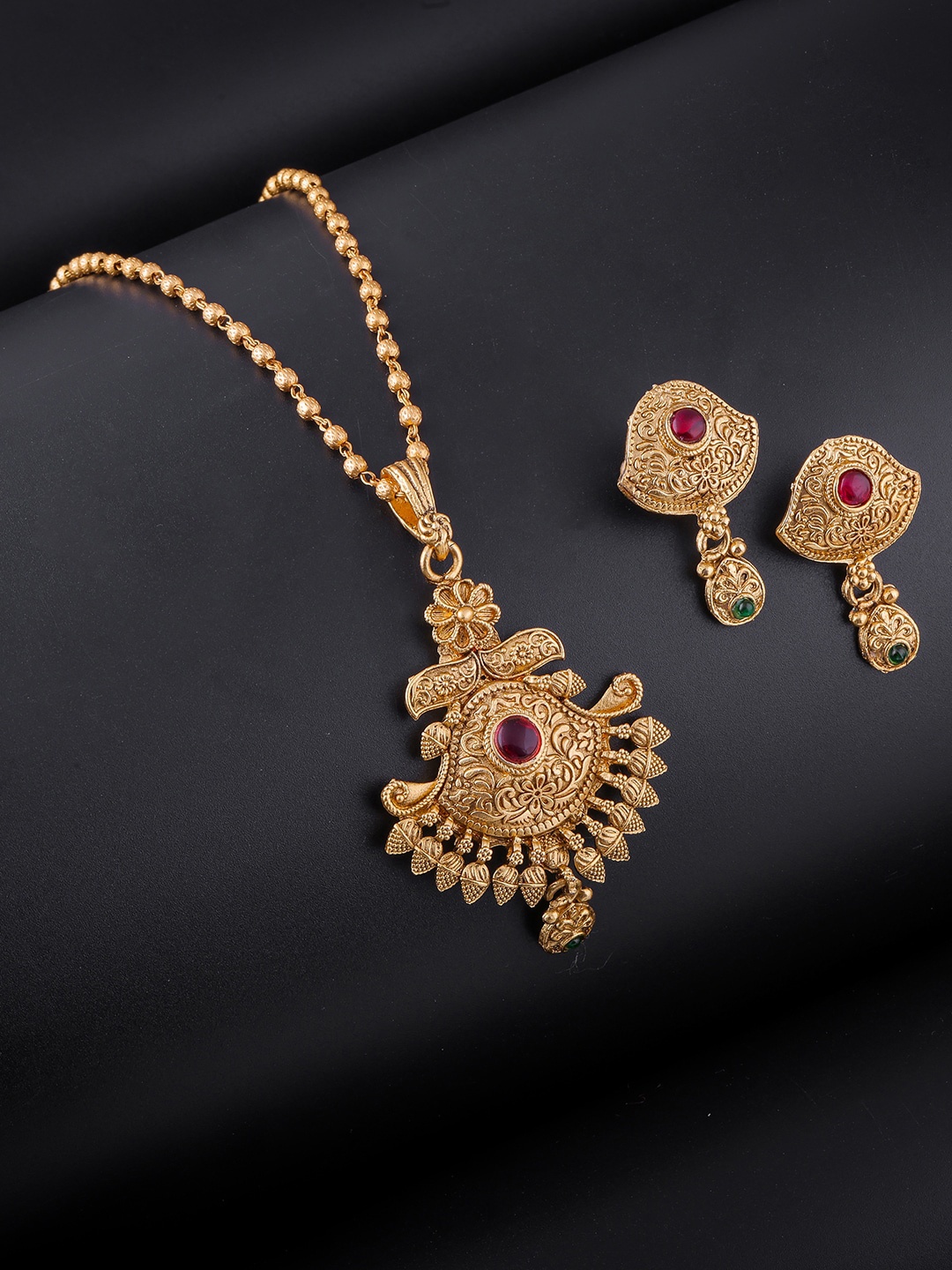 

Brandsoon Maroon & Green Stones Studded Brass One Gram Gold Plated Jewellery Set