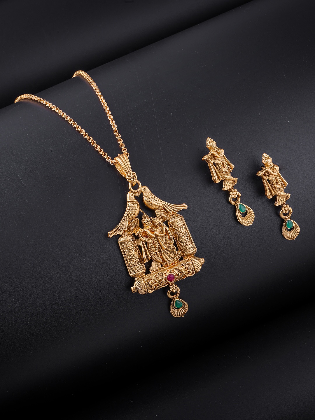 

Brandsoon Green Stone Studded One Gram Gold Plated Temple Jewellery Set