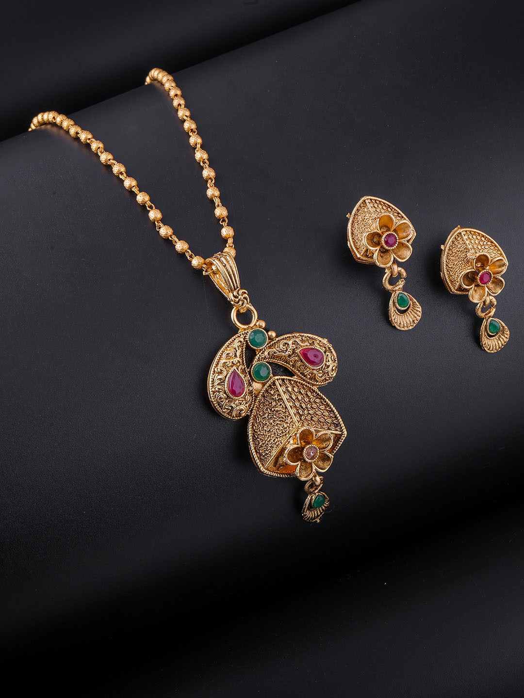 

Brandsoon Red & Green Stone Studded One-Gram Gold-Plated Jewellery Set