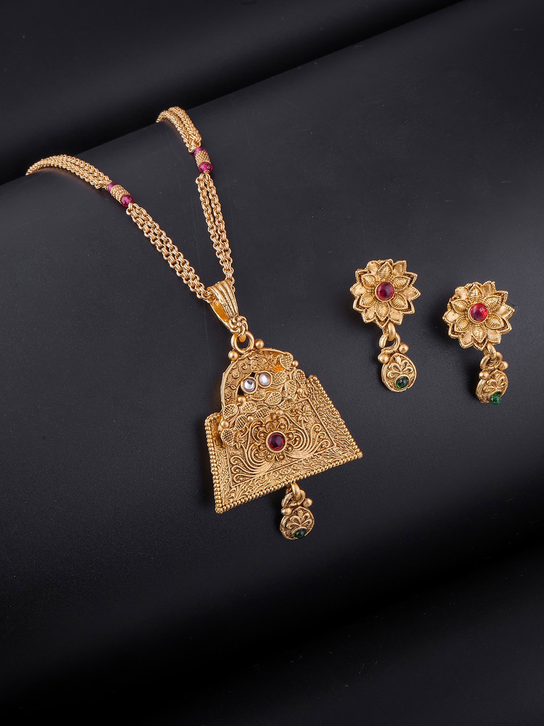 

Brandsoon Pink & Green AD Stone-Studded Gold-Plated Jewellery Set