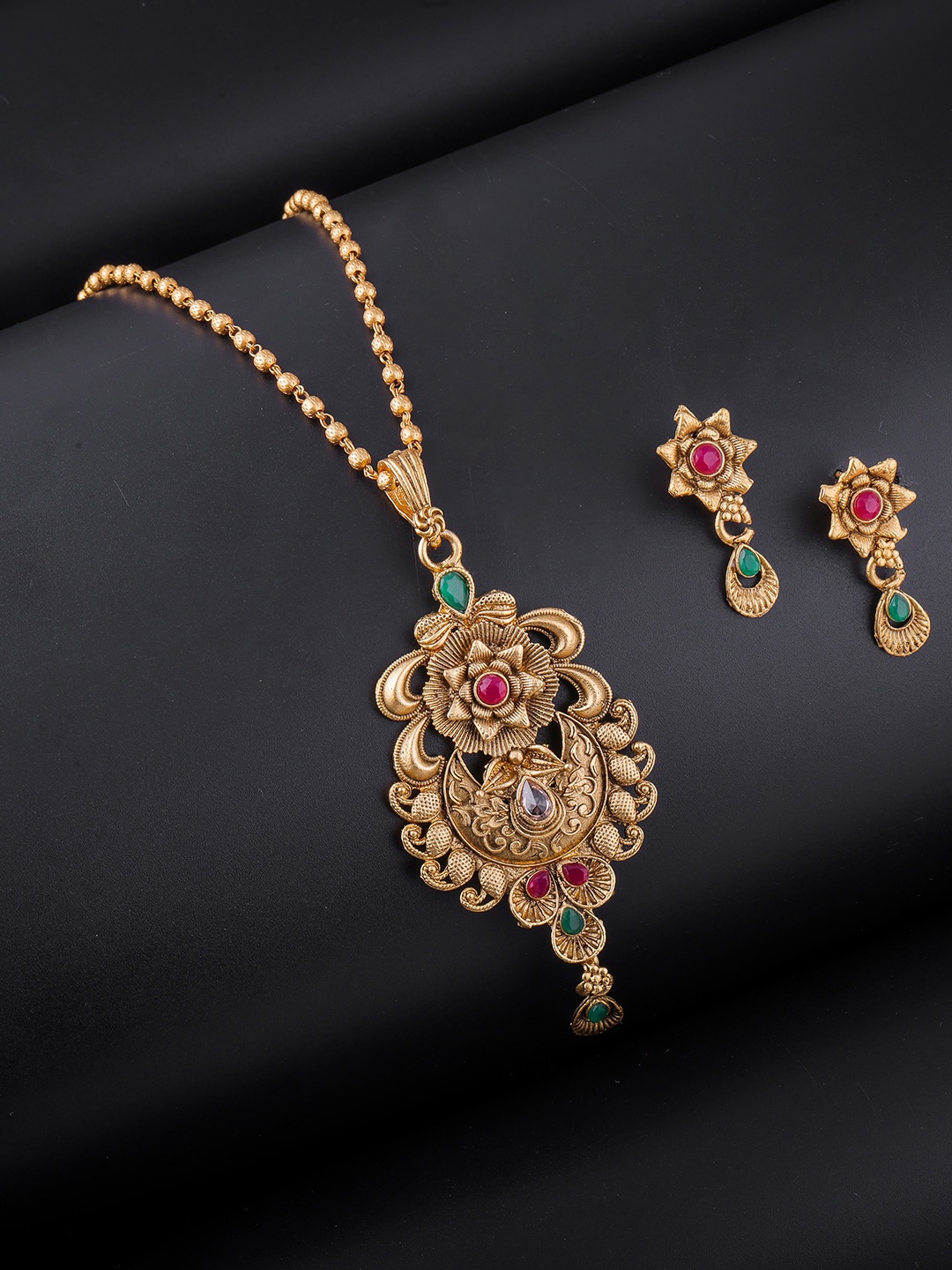 

Brandsoon Pink & Green Stone-Studded One Gram Gold Plated Jewellery Set