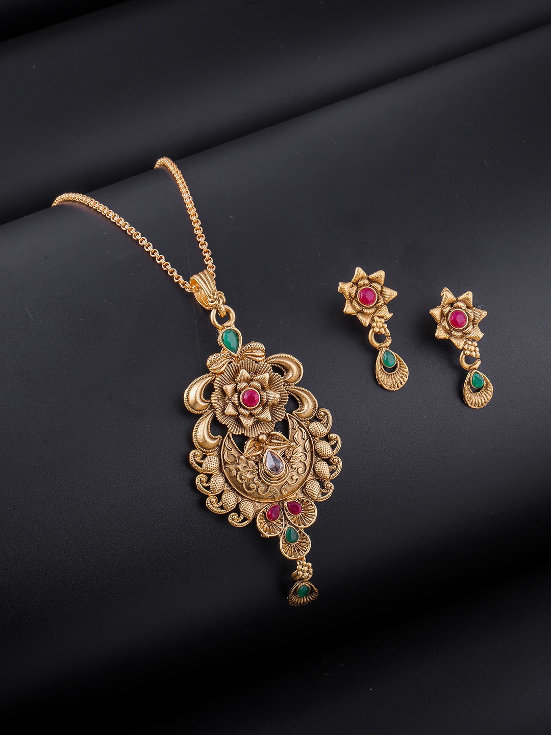 

Brandsoon Pink & Green AD Stone-Studded One Gram Gold Plated Jewellery Set