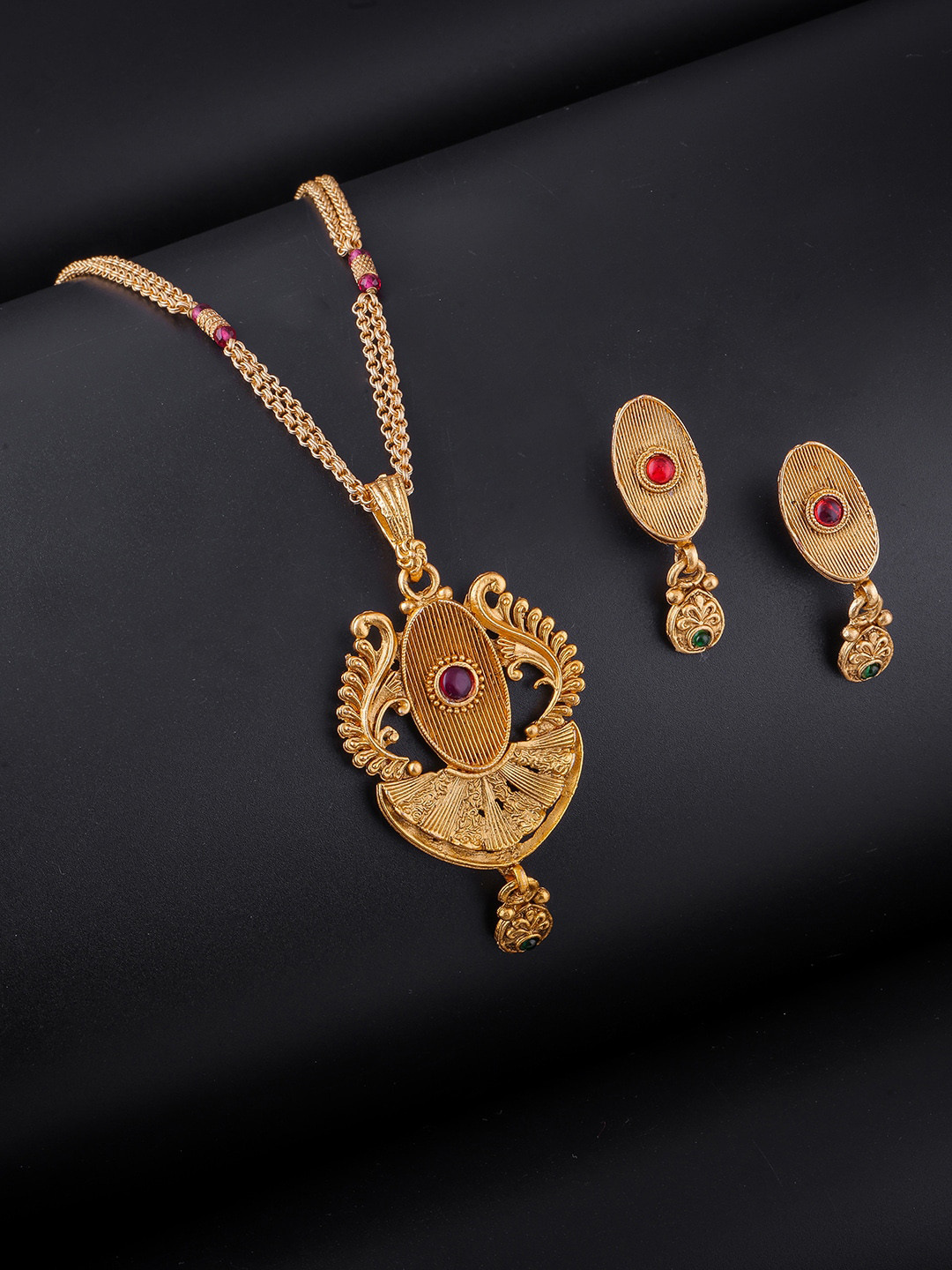 

Brandsoon Gold-Plated Pink & Green Stone Studded Jewellery Set