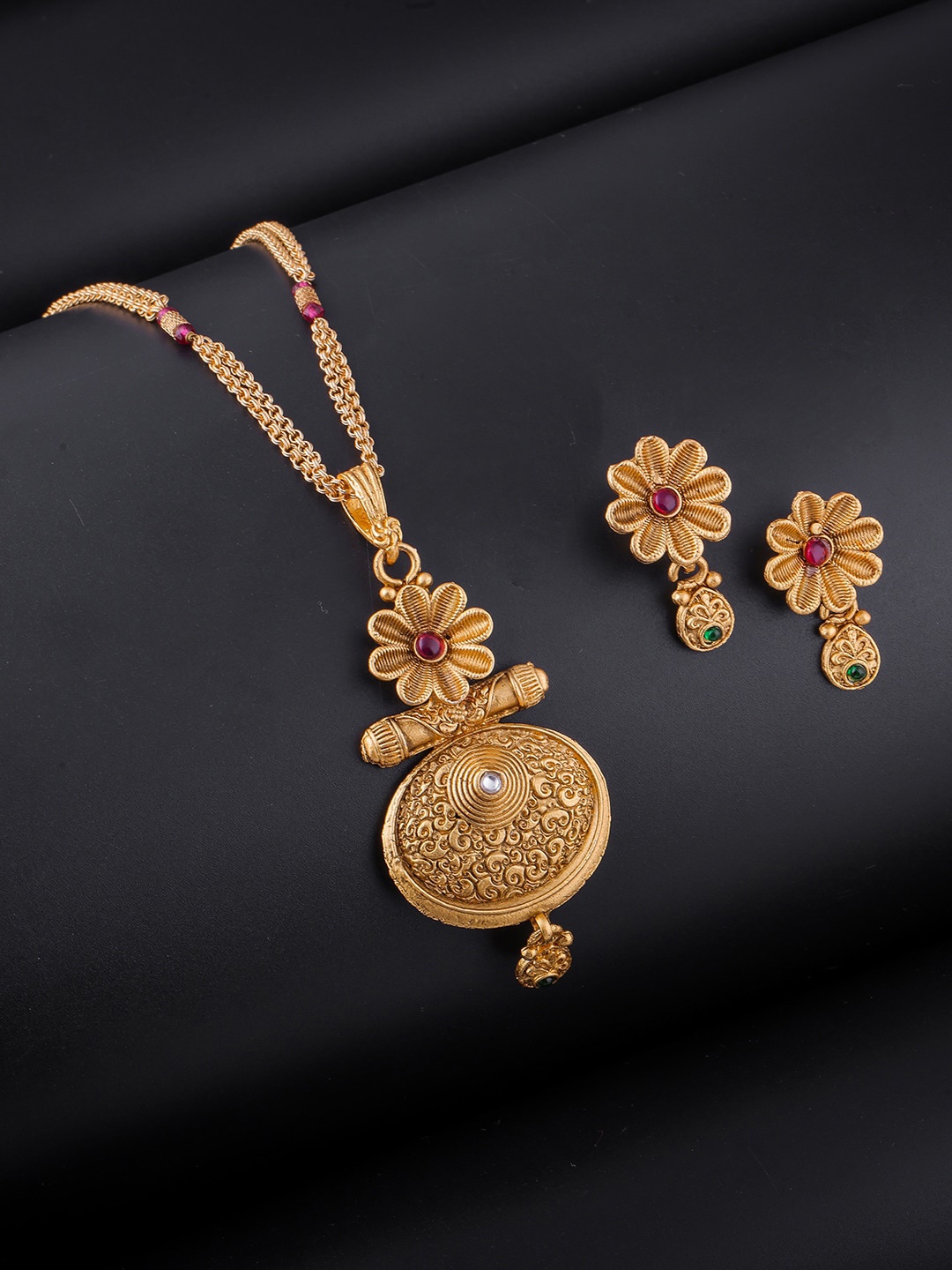 

Brandsoon One Gram Gold-Plated Red & Green Stone Studded Temple Jewellery Set
