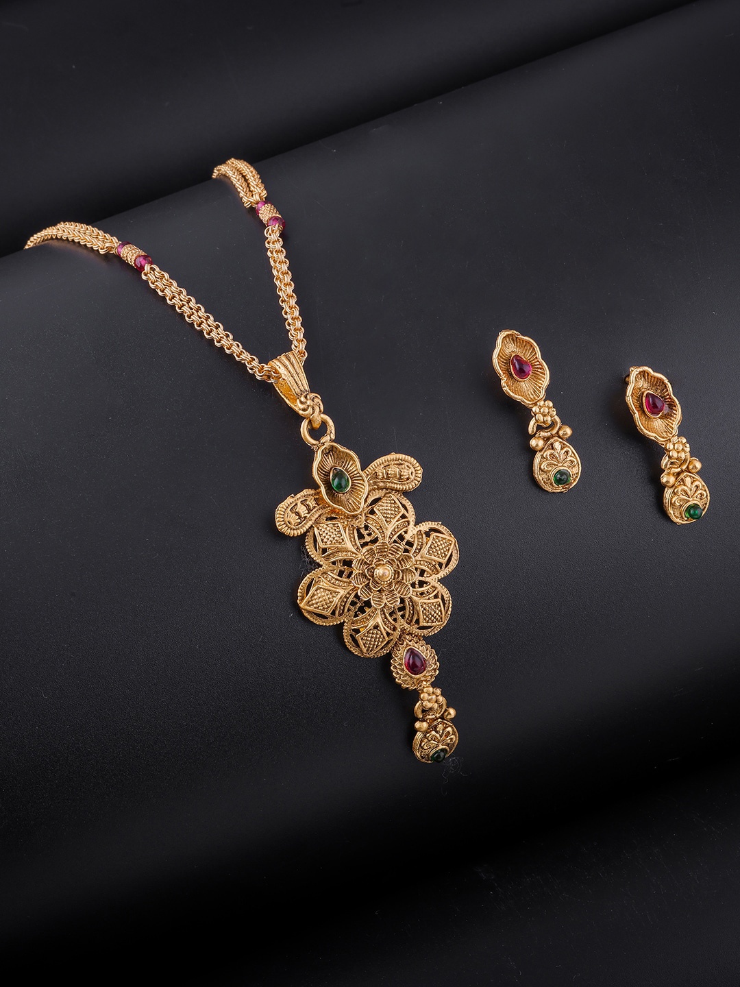 

Brandsoon Gold Plated Pink & Green Stone Studded Brass Temple Jewellery Set