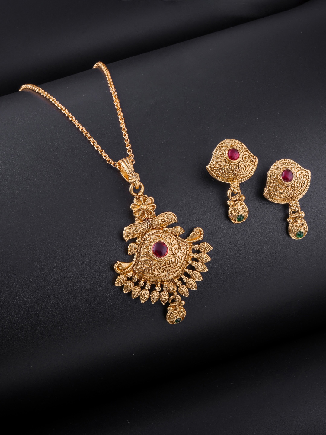 

Brandsoon Gold-Plated Pink & Green AD Stone-Studded Temple Jewellery Set