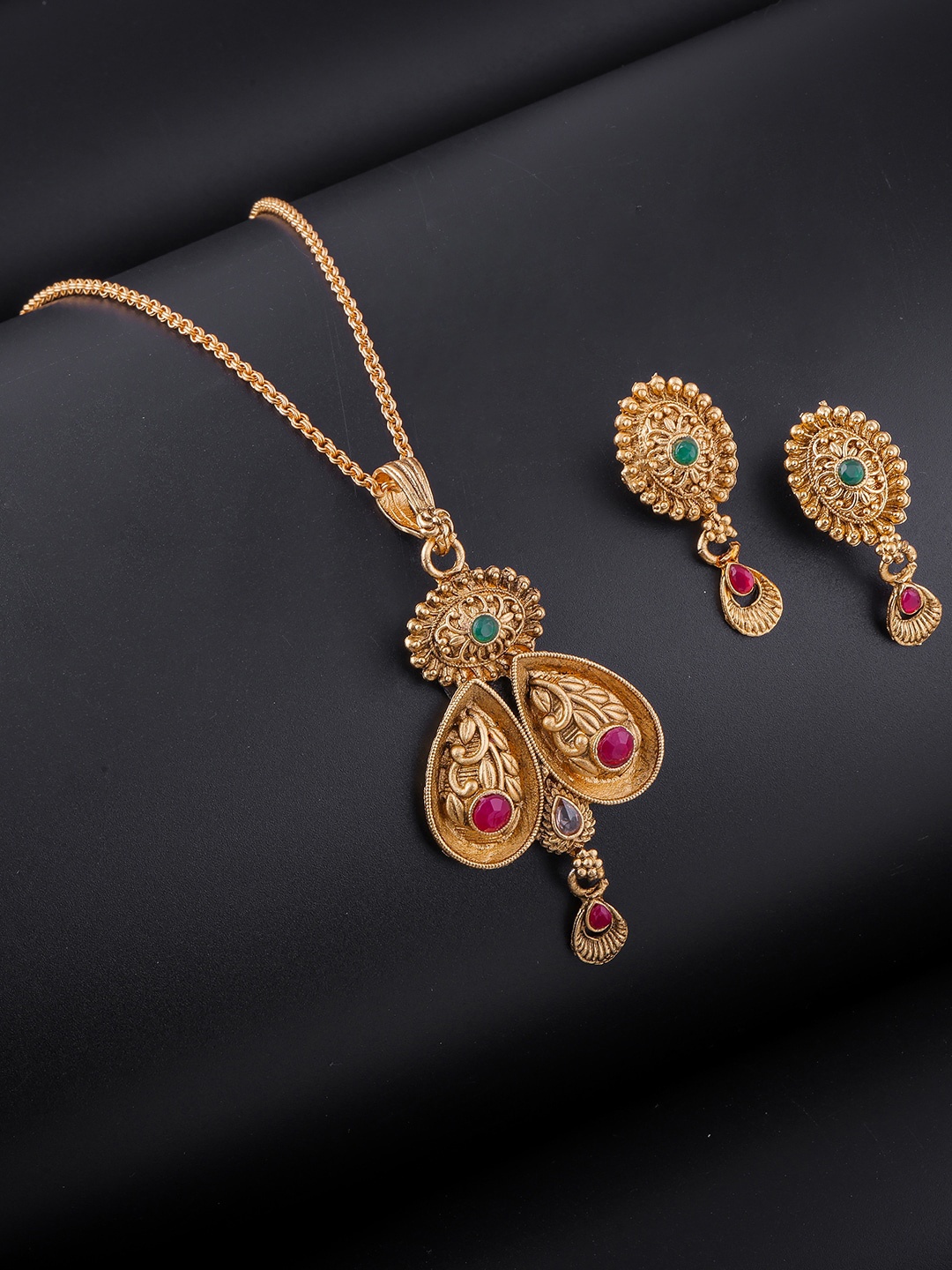 

Brandsoon Gold-Plated Pink & Green Stone-Studded Jewellery Set
