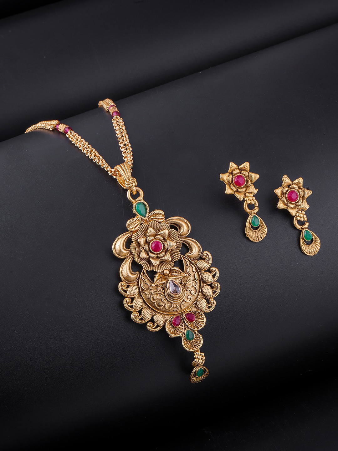 

Brandsoon One Gram Gold-Plated Red & Green Stone Studded Temple Jewellery Set