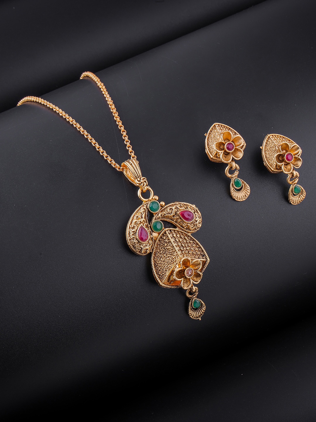 

Brandsoon Gold-Plated Pink & Green Stone Studded Jewellery Set