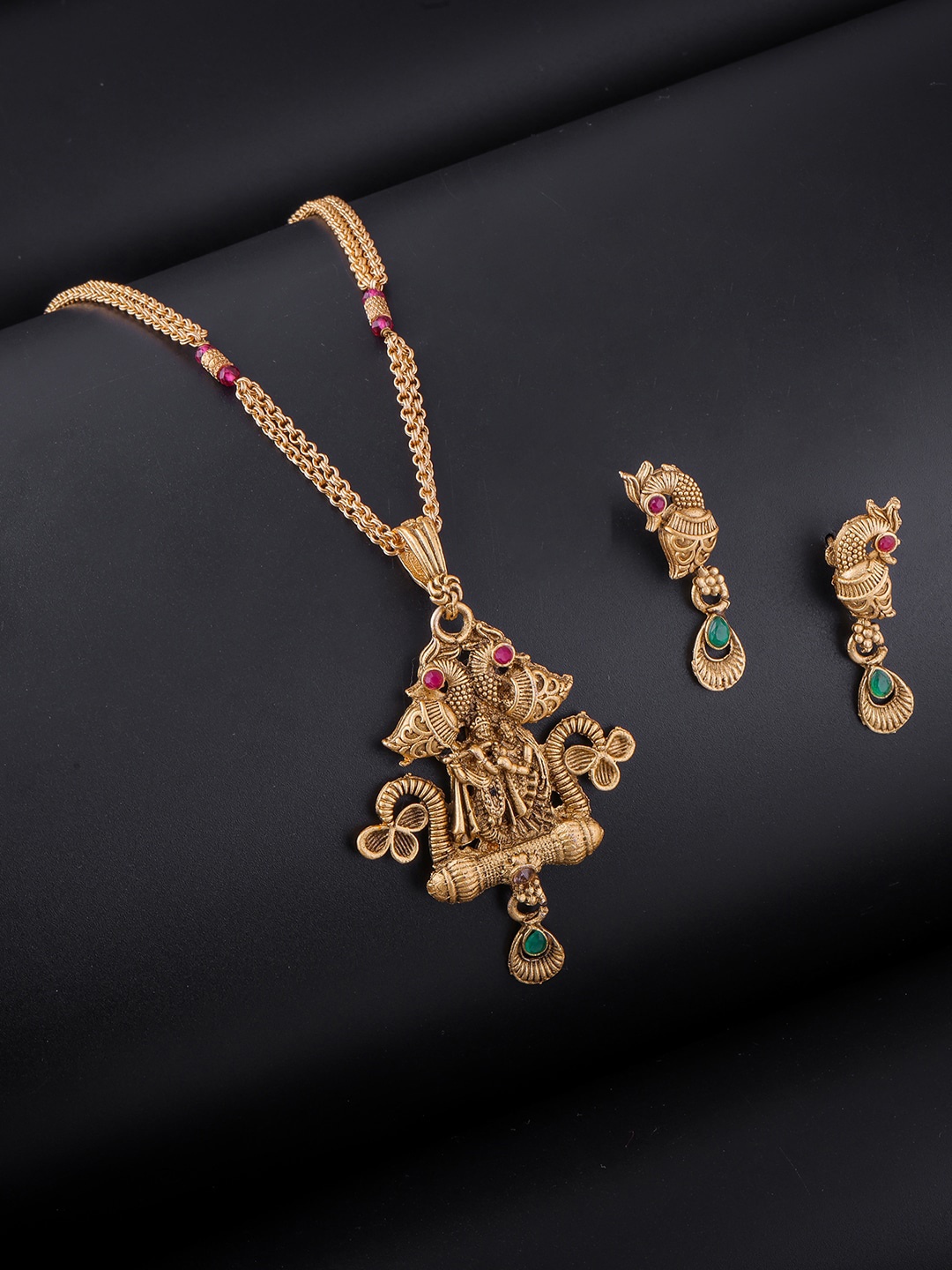

Brandsoon Gold-Plated Pink & Green Stone Studded Brass Temple Jewellery Set