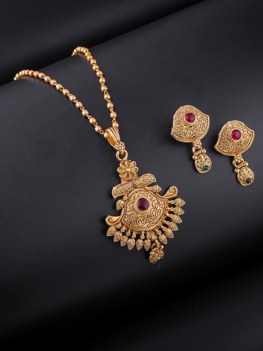 

Brandsoont Gold-Plated Red & Green Stones Studded Jewellery Set