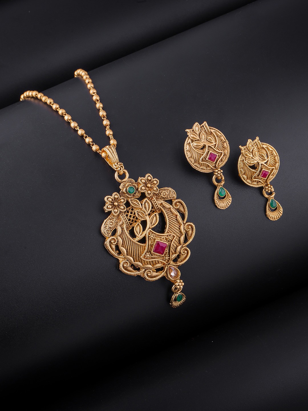 

Brandsoon Gold-Plated Pink & Green Stone Studded Jewellery Set