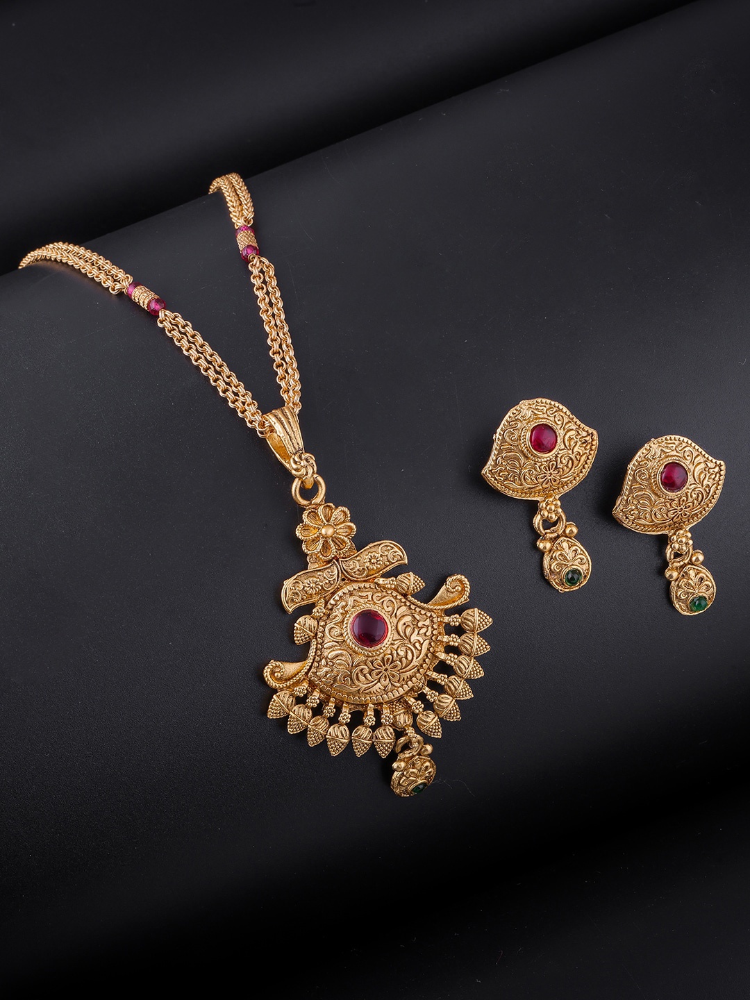 

Brandsoon Gold-Plated Green & Red Stones Studded Jewellery Set