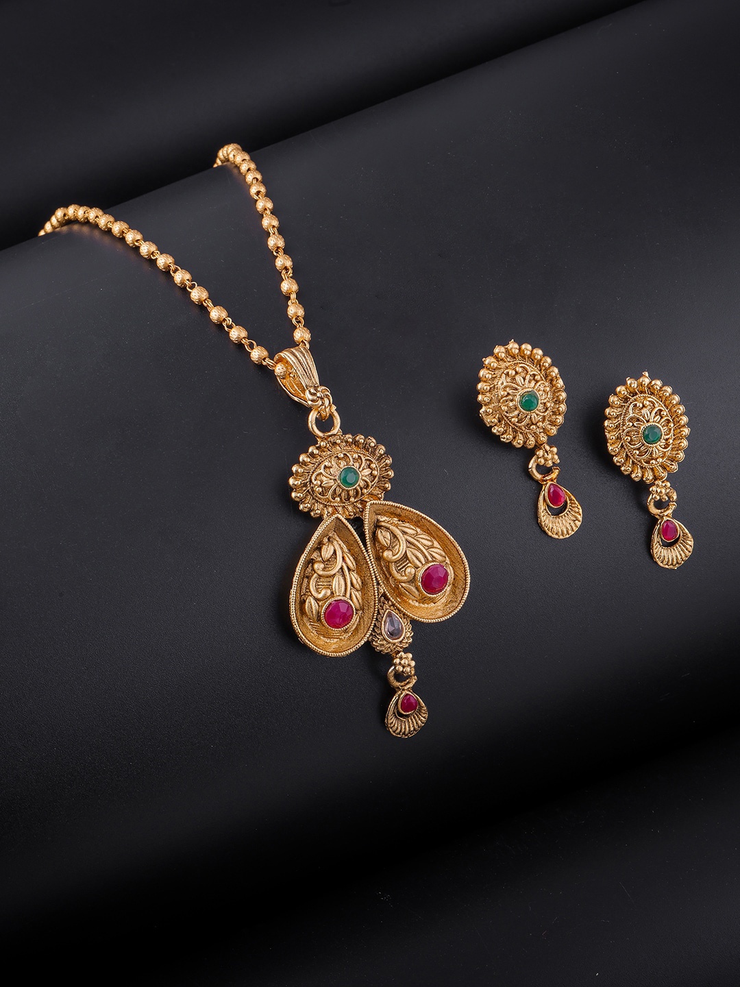 

Brandsoon Gold-Plated Pink & Green Stone-Studded Jewellery Set