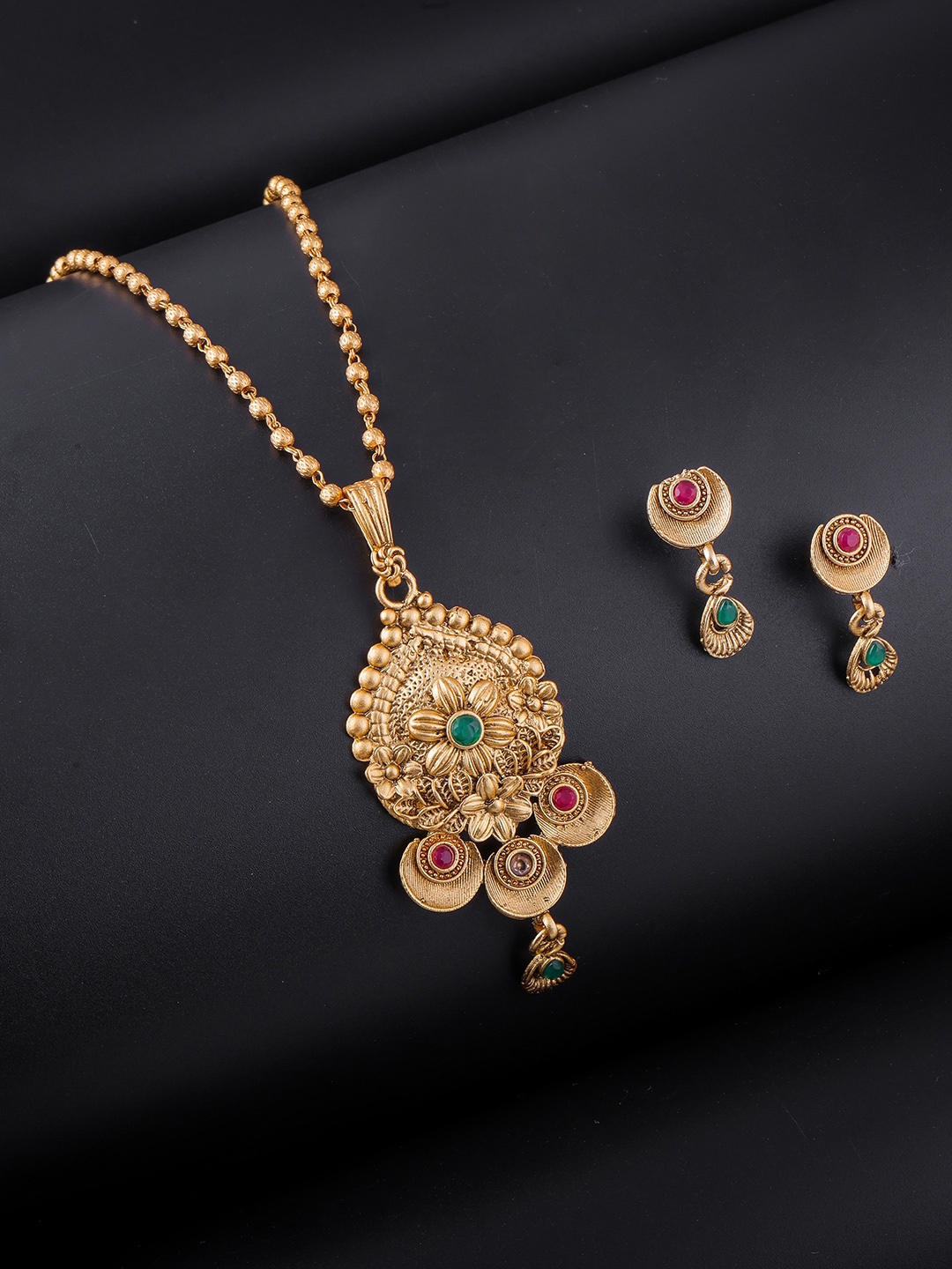 

Brandsoon Gold-Plated Red & Green Stone Studded Jewellery Set