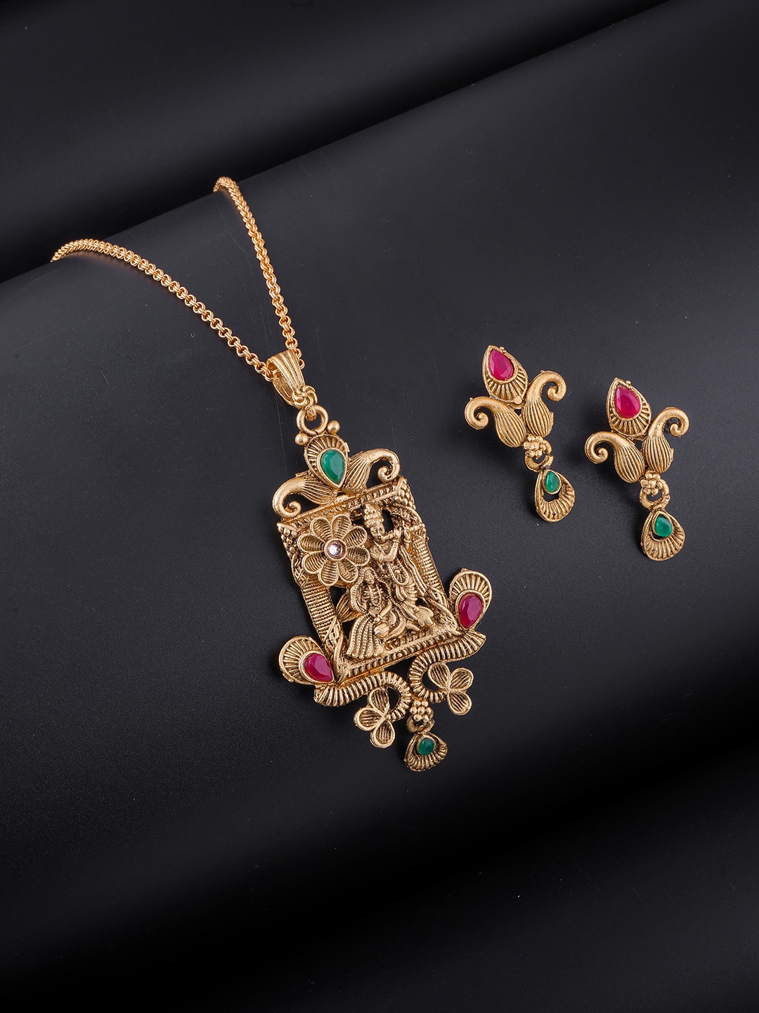 

Brandsoon Gold-Plated Pink & Green Stone Studded Jewellery Set