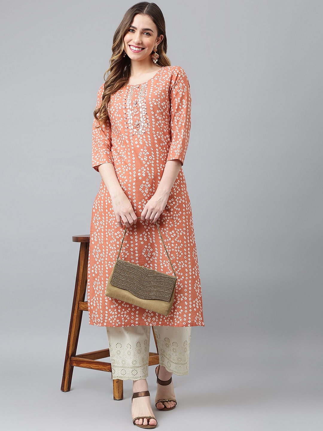 

Khushal K Bandhani Printed Thread Work Kurta, Brown