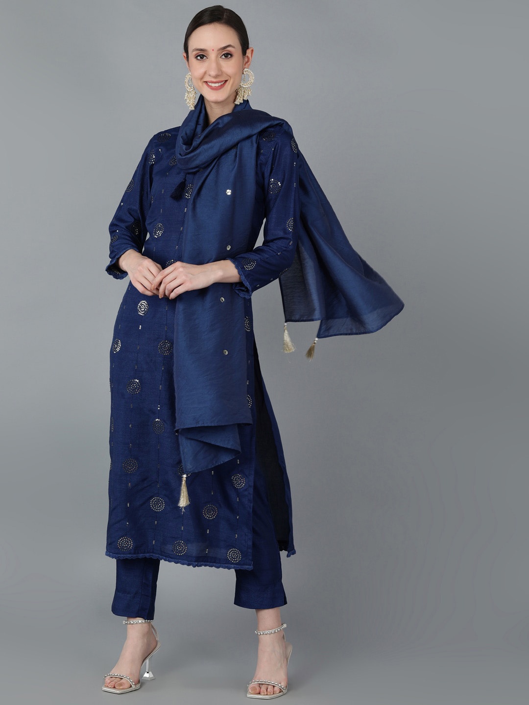 

AHIKA Women Navy Blue Ethnic Motifs Printed Kurta with Trousers & Dupatta