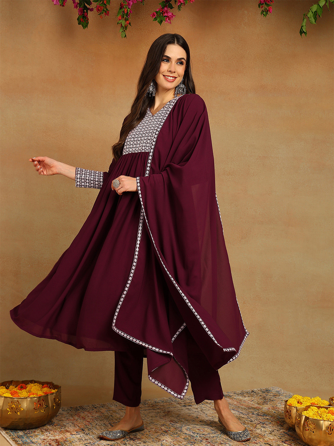 

AHIKA Women Burgundy Yoke Design Empire Sequinned Kurta with Trousers & Dupatta