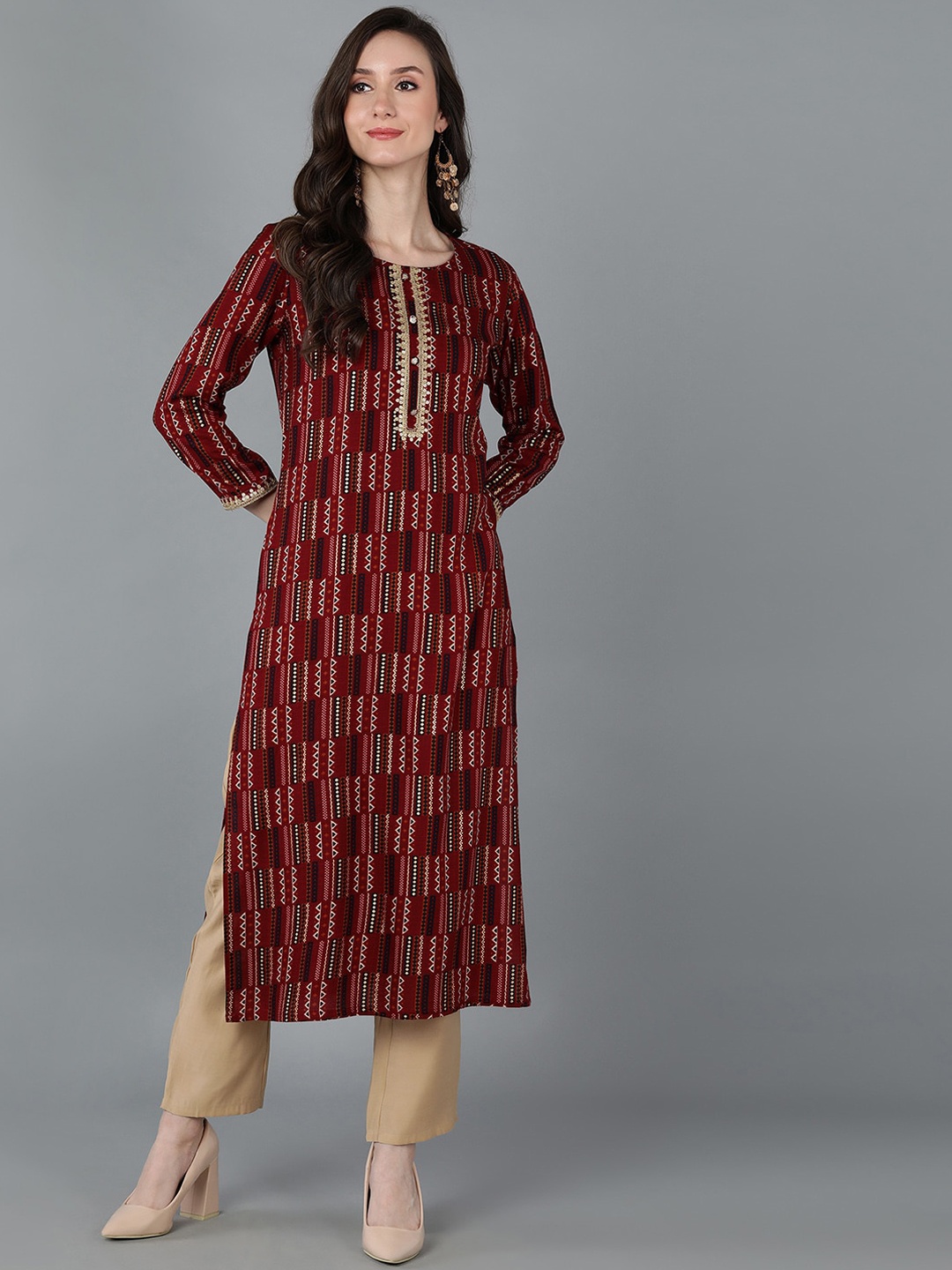 

AHIKA Women Maroon Abstract Printed Regular Kurta