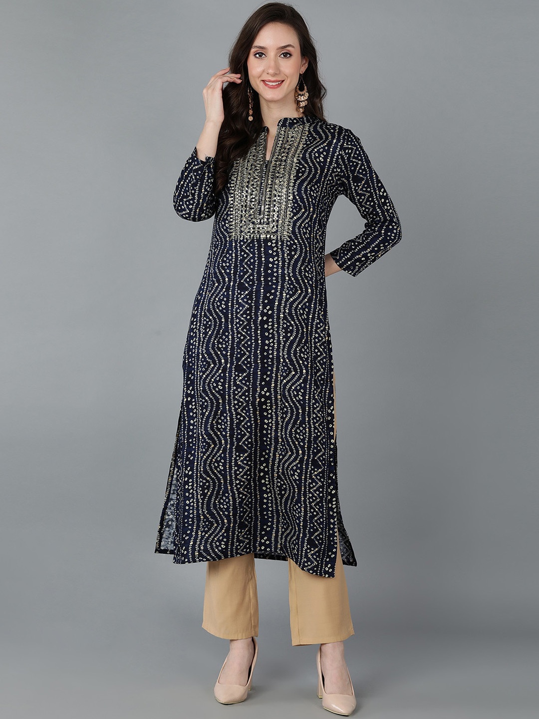 

AHIKA Women Navy Blue Bandhani Printed Regular Kurta