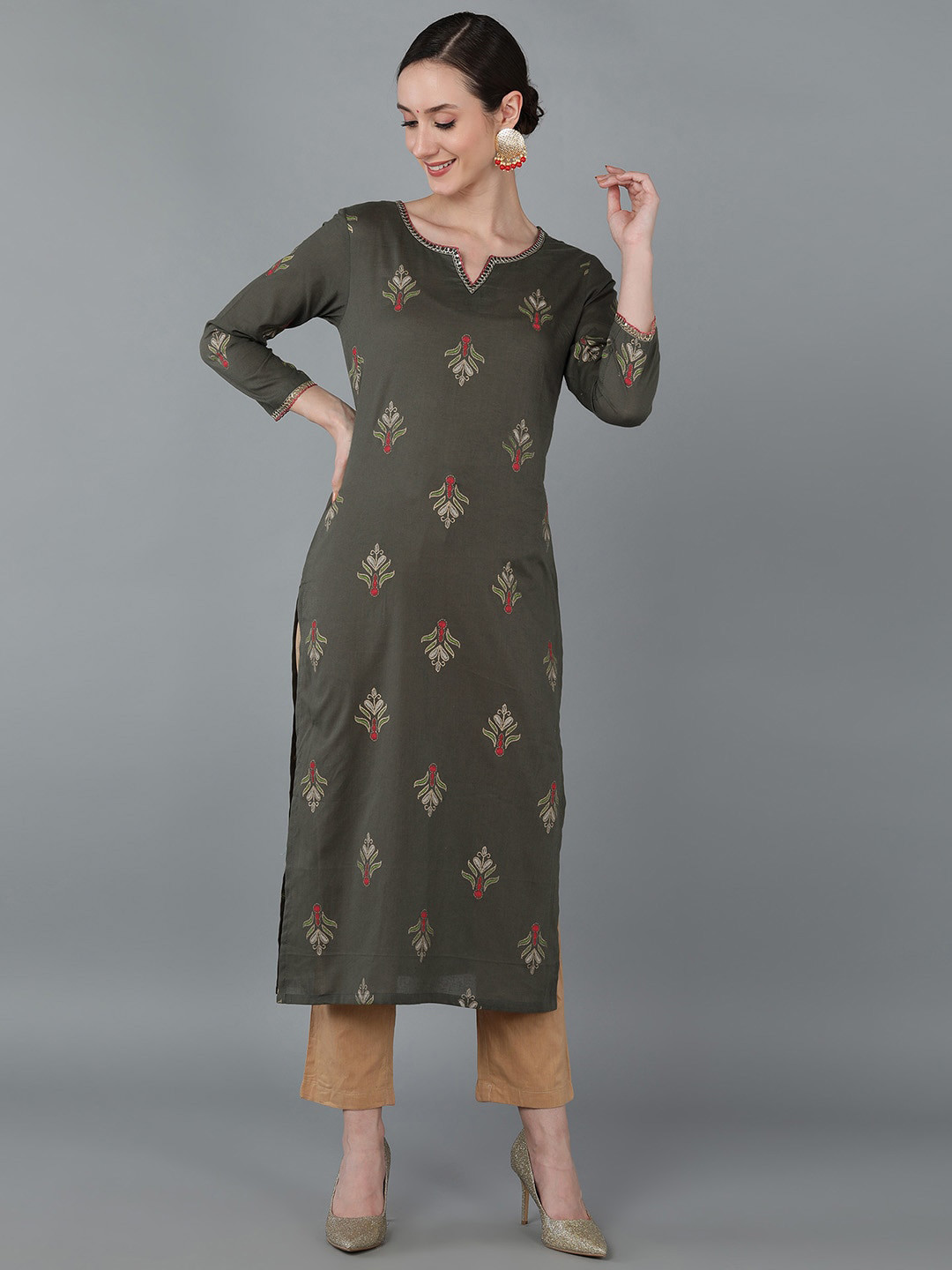 

AHIKA Women Olive Green Ethnic Embroidered Thread Work Cotton Kurta